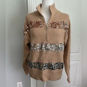 NWT Nine West Tan Sparkly Half Zip Sweater Pullover